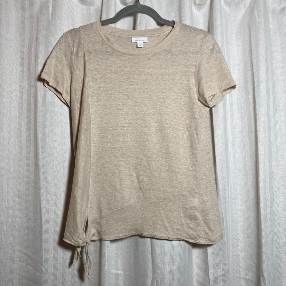 J. Jill Love Linen Beige Oatmeal Short Sleeve Side Tie Hem Knit Top XS Neutral‎